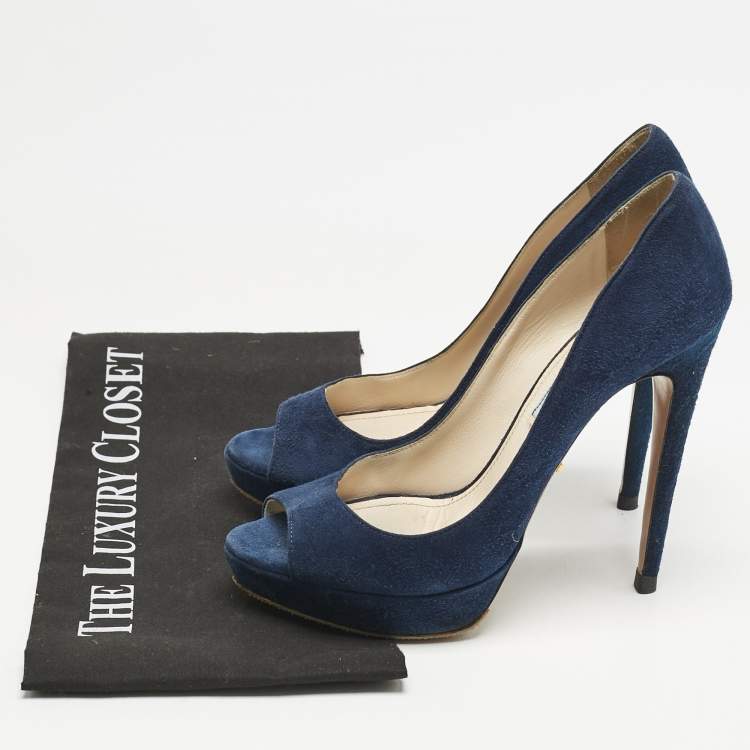 Pre Owned Prada Blue Suede Peep Toe Platform Pumps Size 37.5