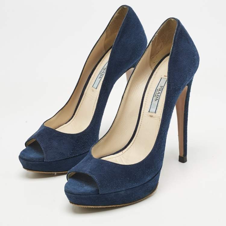 Pre Owned Prada Blue Suede Peep Toe Platform Pumps Size 37.5