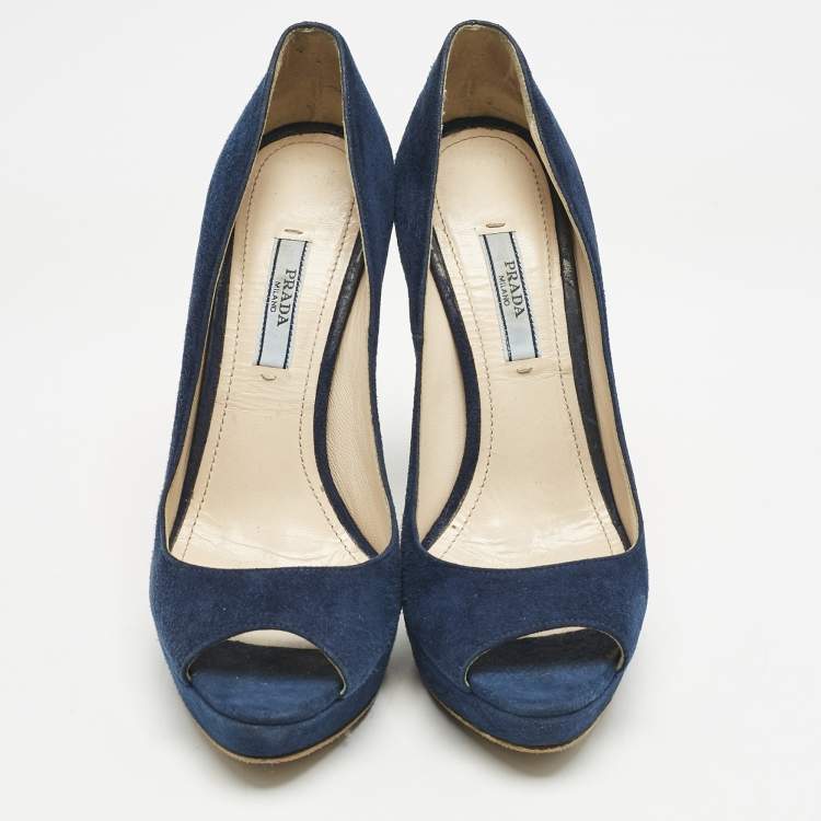 Pre Owned Prada Blue Suede Peep Toe Platform Pumps Size 37.5
