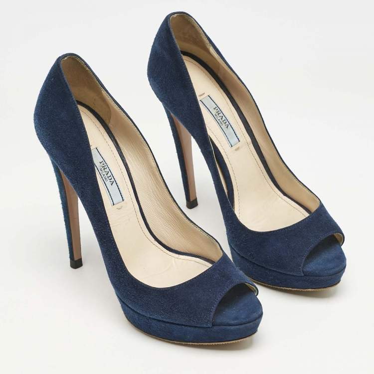 Pre Owned Prada Blue Suede Peep Toe Platform Pumps Size 37.5