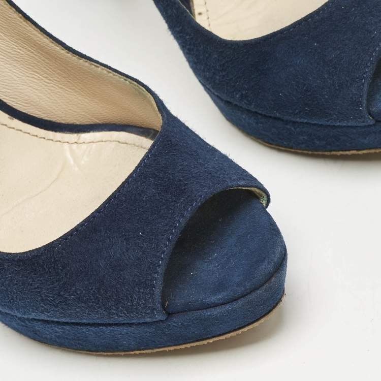 Pre Owned Prada Blue Suede Peep Toe Platform Pumps Size 37.5