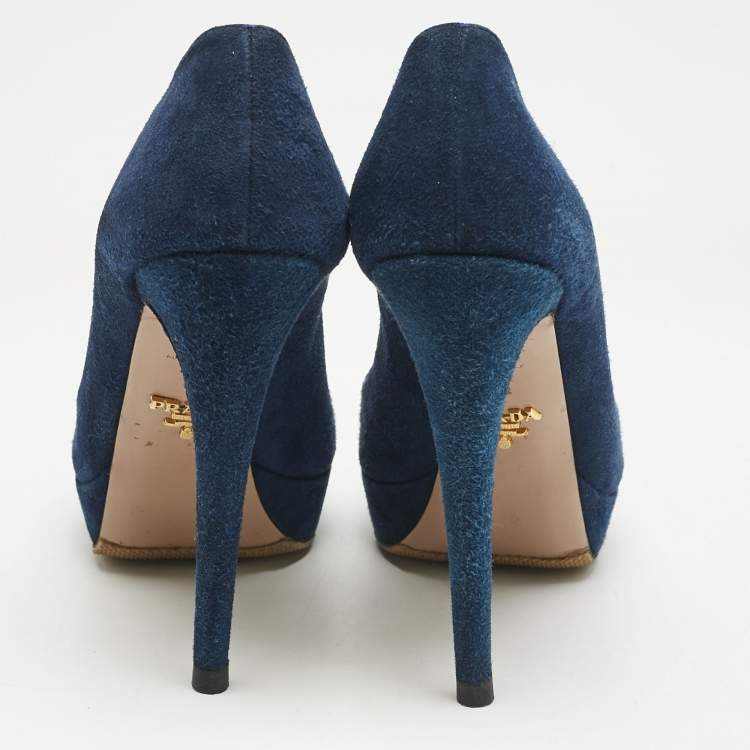 Pre Owned Prada Blue Suede Peep Toe Platform Pumps Size 37.5