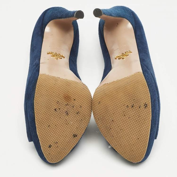 Pre Owned Prada Blue Suede Peep Toe Platform Pumps Size 37.5