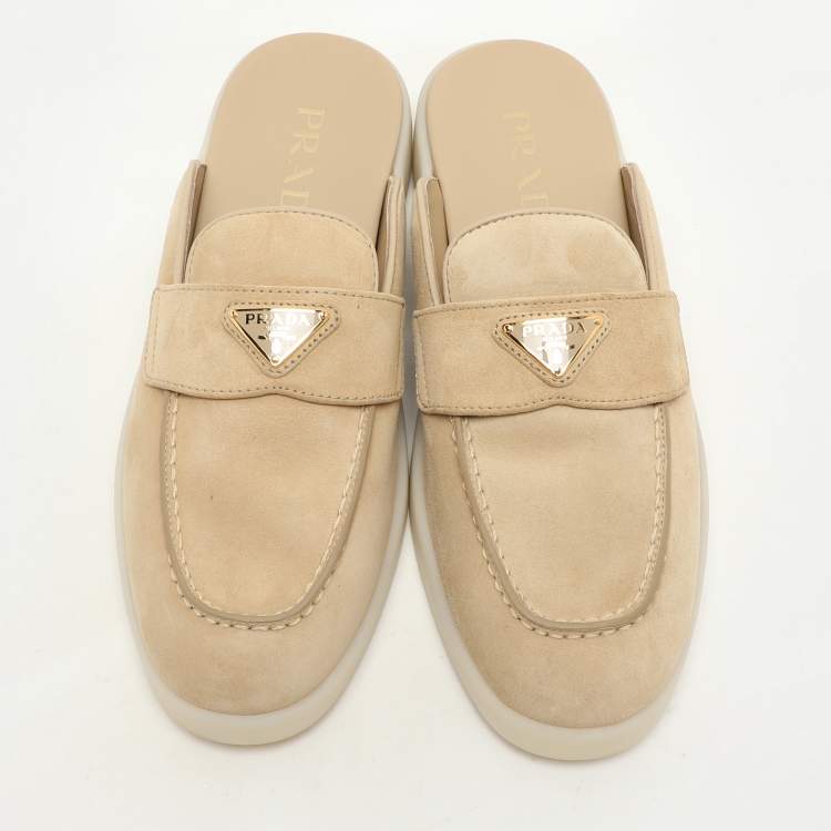 Pre Owned Prada Beige Suede Sabot Mules Size 38.5