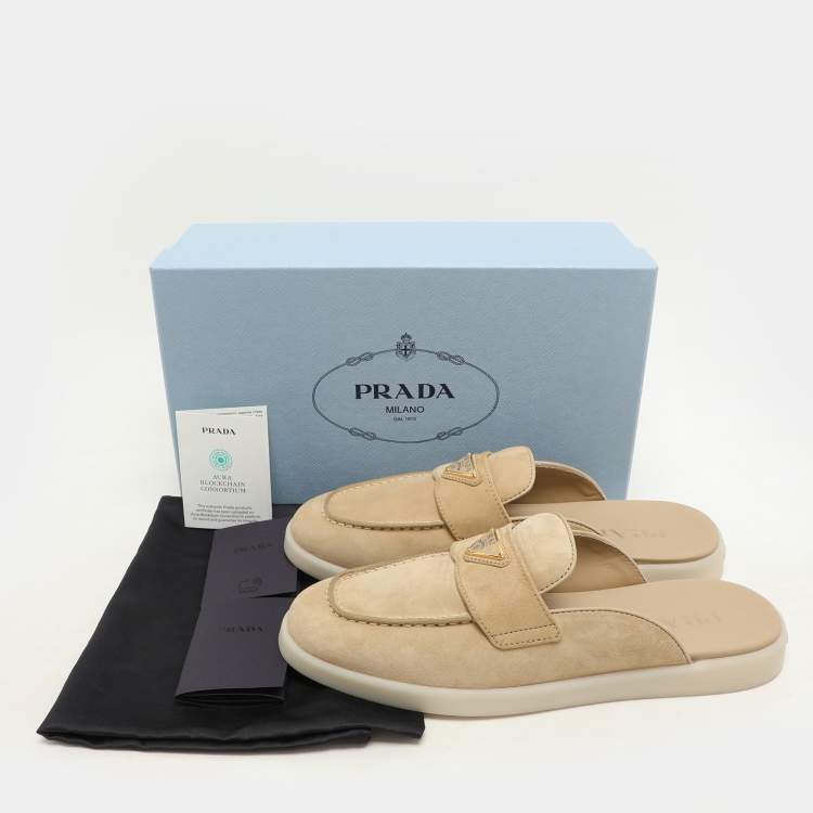 Pre Owned Prada Beige Suede Sabot Mules Size 38.5