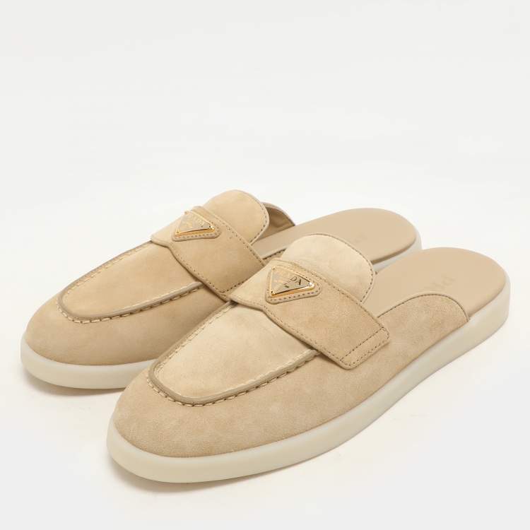 Pre Owned Prada Beige Suede Sabot Mules Size 38.5