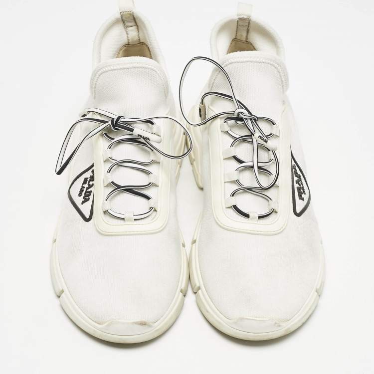 Pre Owned Prada White Logo Knit Fabric Low Top Sneakers Size 37