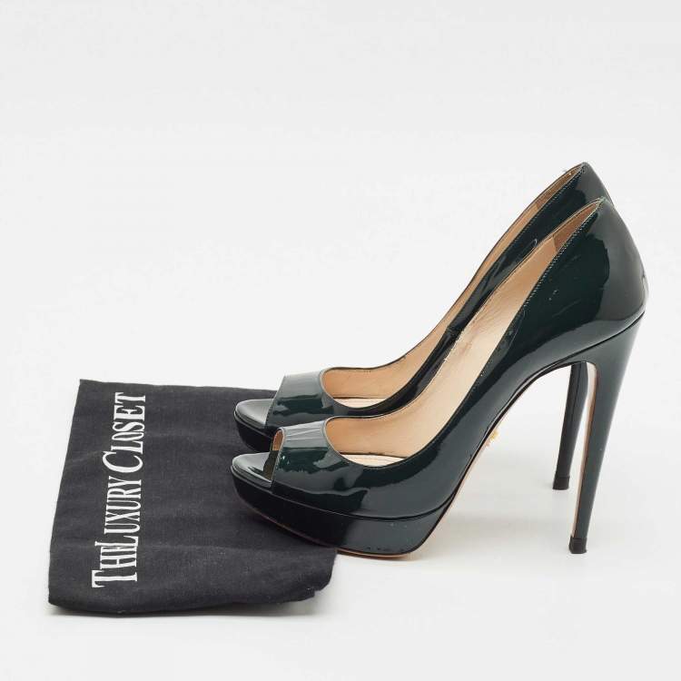 Pre Owned Prada Dark Green Patent Leather Peep Toe Pumps Size 37.5