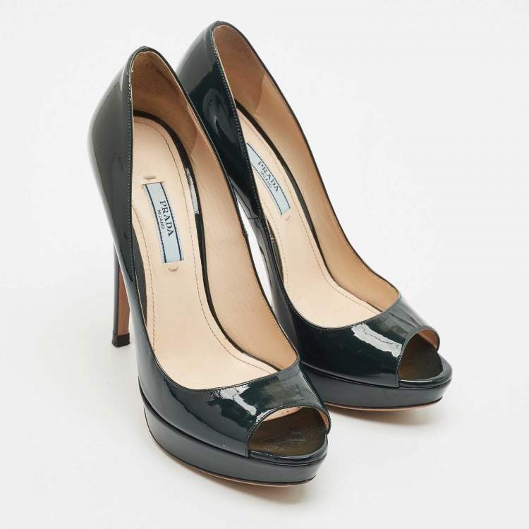 Pre Owned Prada Dark Green Patent Leather Peep Toe Pumps Size 37.5