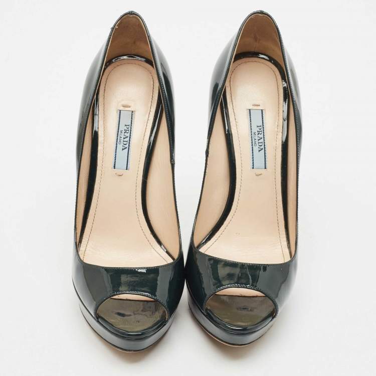 Pre Owned Prada Dark Green Patent Leather Peep Toe Pumps Size 37.5