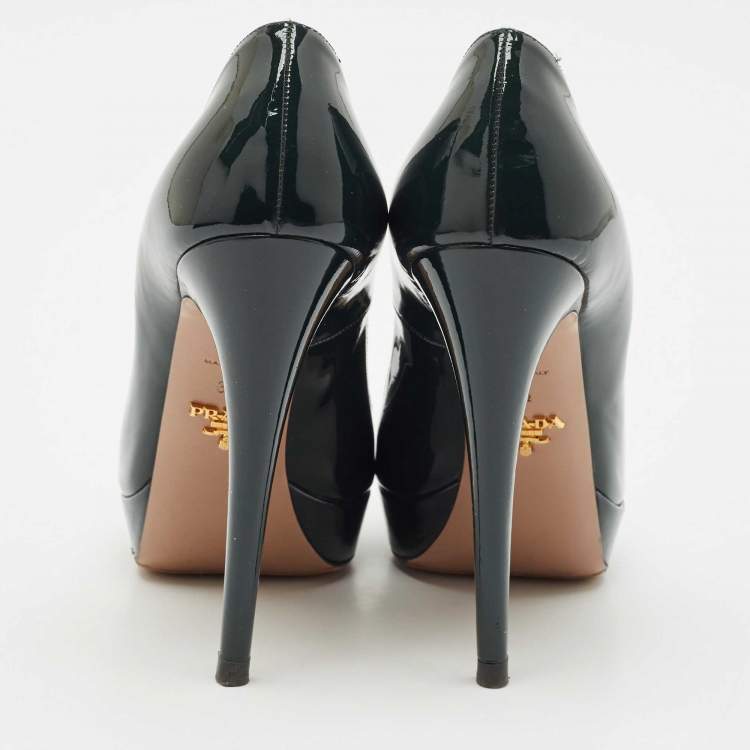 Pre Owned Prada Dark Green Patent Leather Peep Toe Pumps Size 37.5