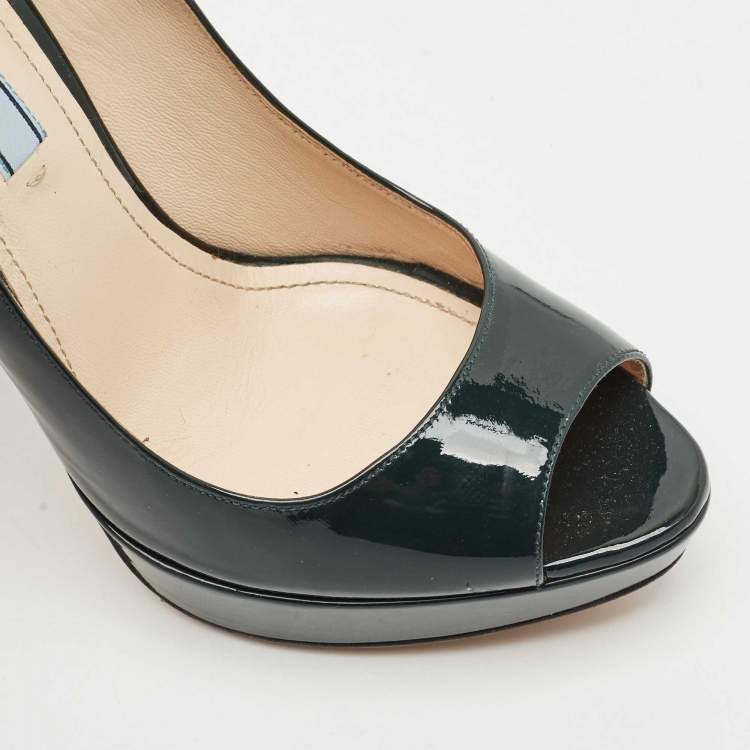 Pre Owned Prada Dark Green Patent Leather Peep Toe Pumps Size 37.5