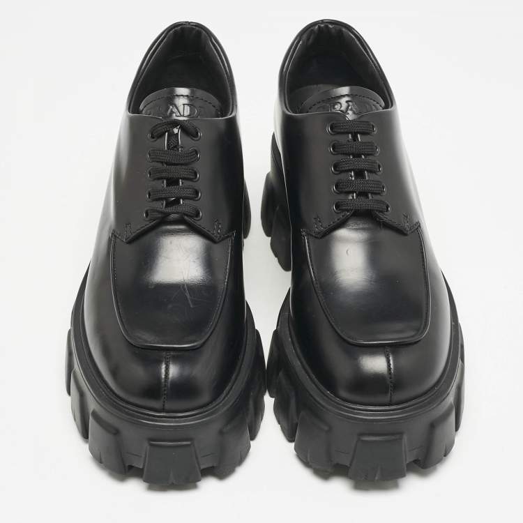 Pre Owned Prada Black Leather Monolith Platform Lace Up Derby Size 36