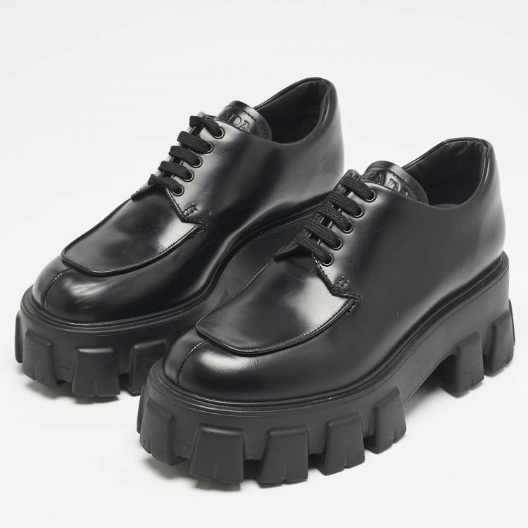 Pre Owned Prada Black Leather Monolith Platform Lace Up Derby Size 36