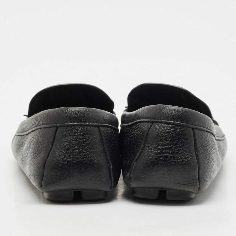Pre Owned Prada Black Leather Bow Logo Embellished Slip On Loafers Size 40