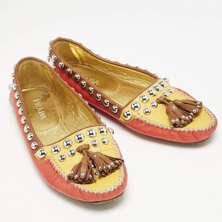 Pre Owned Prada Multicolor Leather Studded Tassel Slip On Loafers Size 38