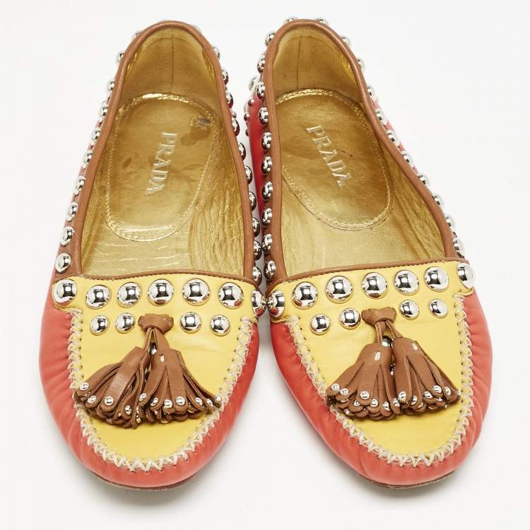 Pre Owned Prada Multicolor Leather Studded Tassel Slip On Loafers Size 38