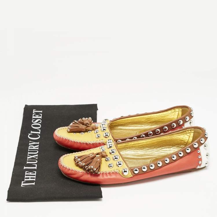 Pre Owned Prada Multicolor Leather Studded Tassel Slip On Loafers Size 38