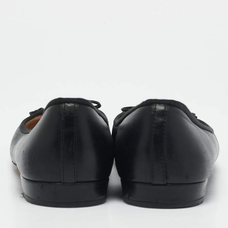 Pre Owned Prada Black Leather and Patent Leather Cap Toe Bow Ballet Flats Size 38