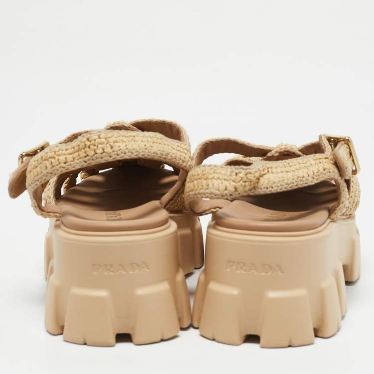 Pre Owned Prada Beige Raffia Monolith Platform Sandals Size 40