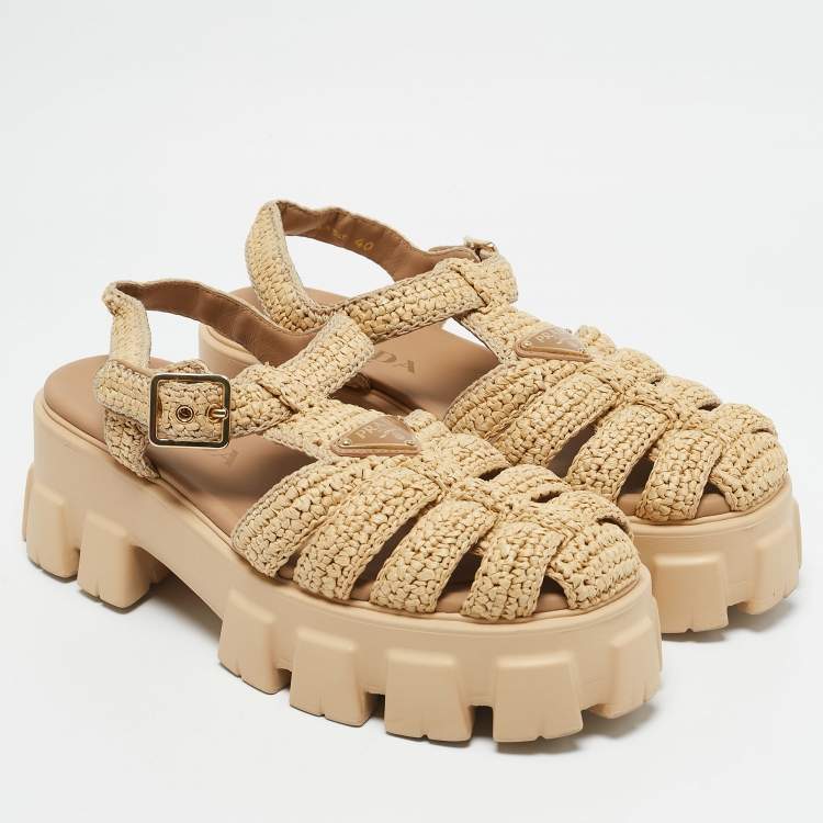 Pre Owned Prada Beige Raffia Monolith Platform Sandals Size 40