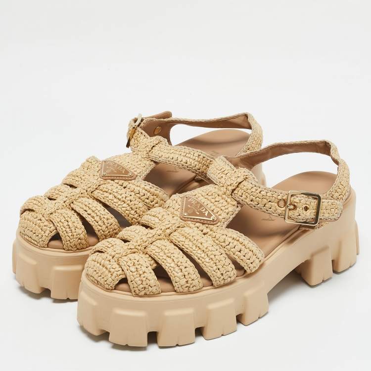 Pre Owned Prada Beige Raffia Monolith Platform Sandals Size 40