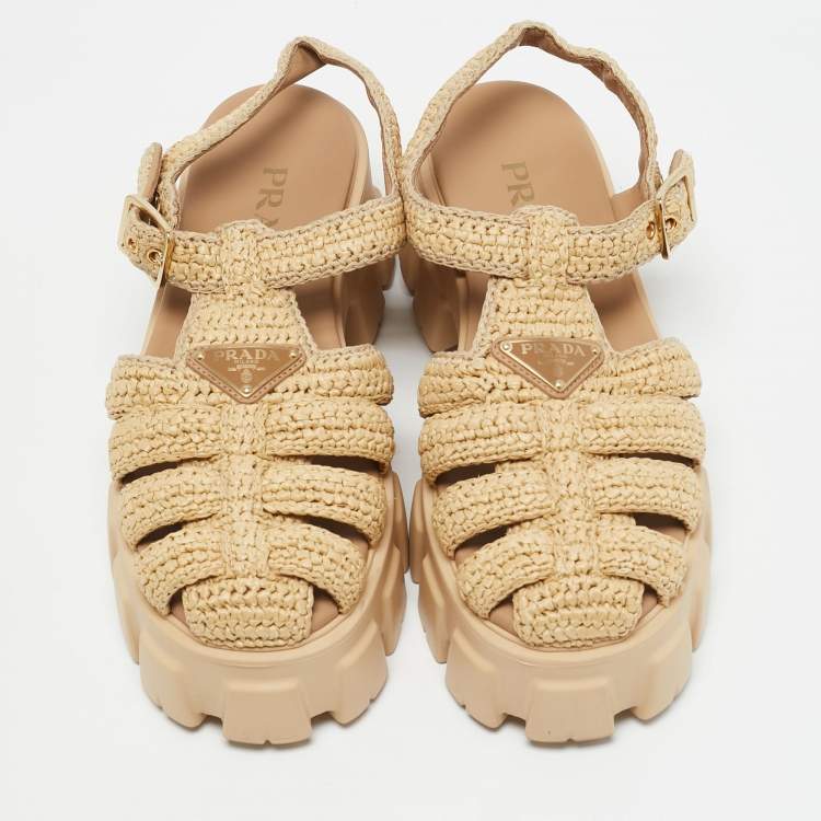 Pre Owned Prada Beige Raffia Monolith Platform Sandals Size 40