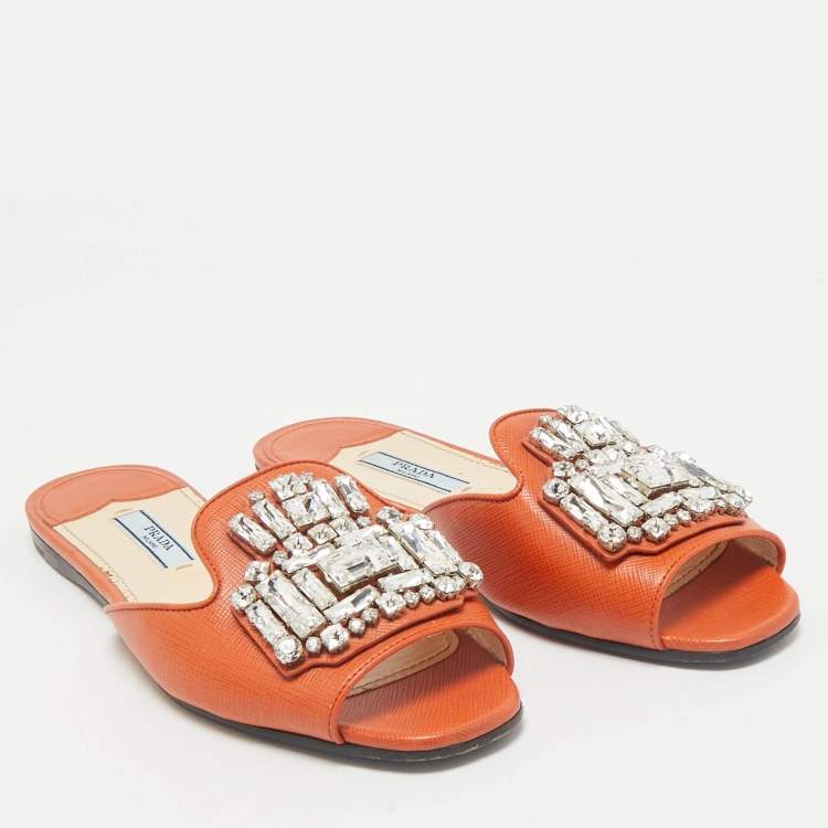 Pre Owned Prada Orange Saffiano Lux Leather Crystals Embellished Flat Slides  Size 36