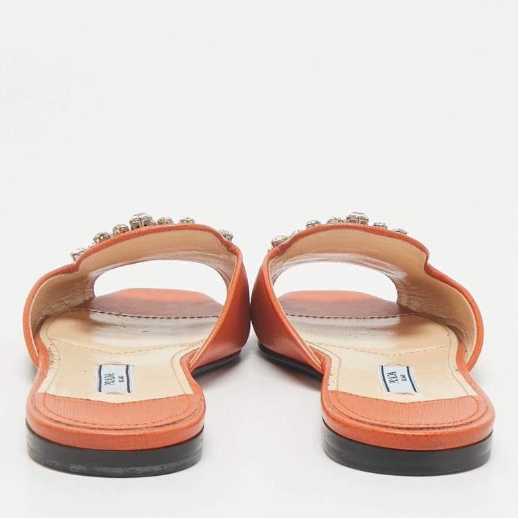 Pre Owned Prada Orange Saffiano Lux Leather Crystals Embellished Flat Slides  Size 36