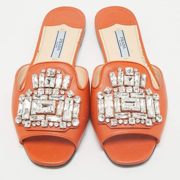 Pre Owned Prada Orange Saffiano Lux Leather Crystals Embellished Flat Slides  Size 36