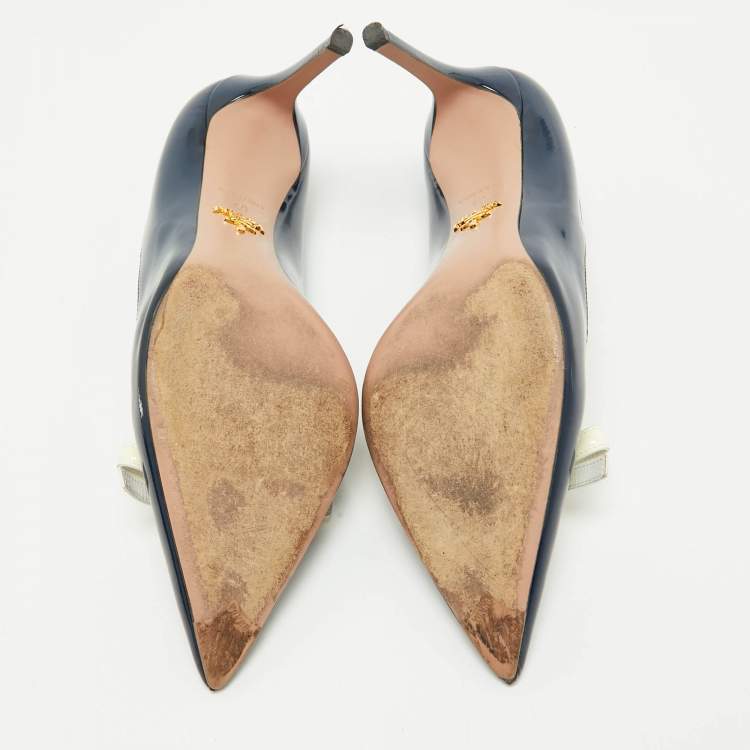 Pre Owned Prada Navy Blue Patent Leather Bow Pointed Toe Pumps Size 40