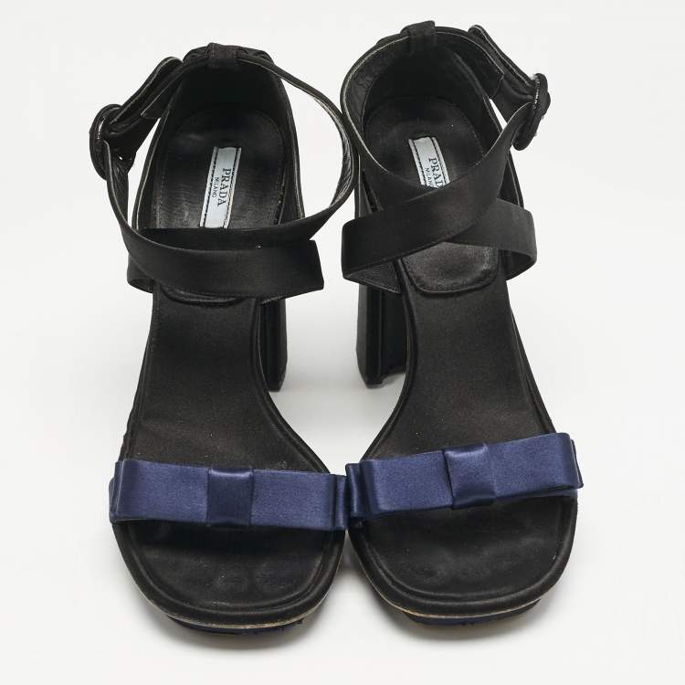 Pre Owned Prada Black/Navy Blue Satin Bow Ankle Strap Sandals Size 39.5