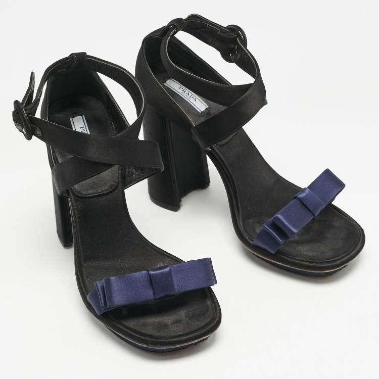 Pre Owned Prada Black/Navy Blue Satin Bow Ankle Strap Sandals Size 39.5