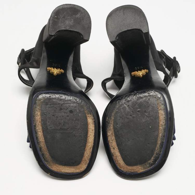 Pre Owned Prada Black/Navy Blue Satin Bow Ankle Strap Sandals Size 39.5