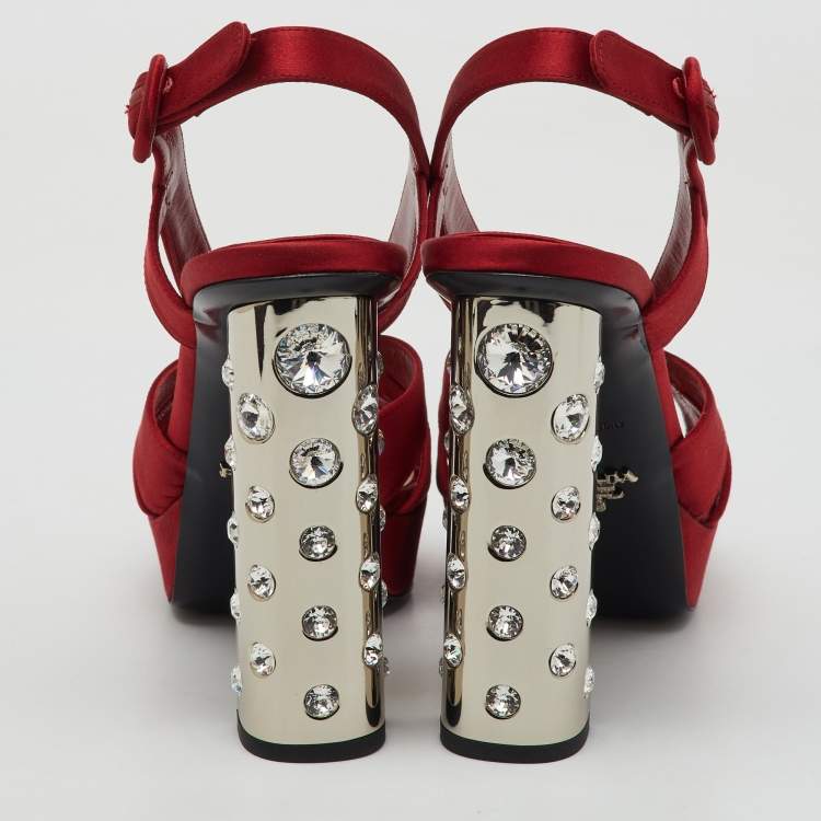 Pre Owned Prada Red Satin Crystal Embellished Heel Strappy Platform Sandals Size 39