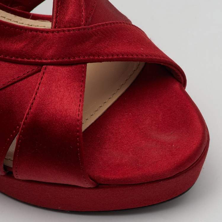 Pre Owned Prada Red Satin Crystal Embellished Heel Strappy Platform Sandals Size 39