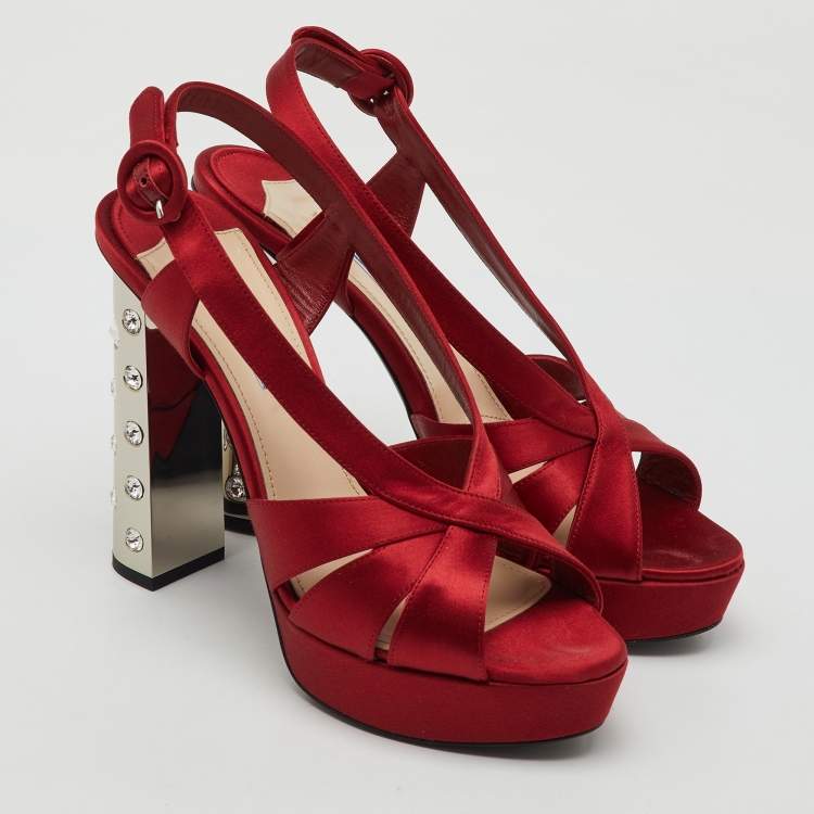 Pre Owned Prada Red Satin Crystal Embellished Heel Strappy Platform Sandals Size 39