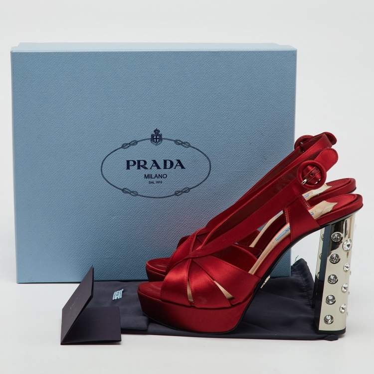 Pre Owned Prada Red Satin Crystal Embellished Heel Strappy Platform Sandals Size 39