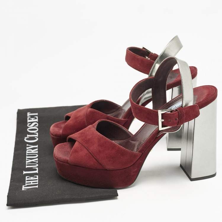 Pre Owned Prada Burgundy/Silver Leather and Suede Ankle Strap Sandals Size 38.5