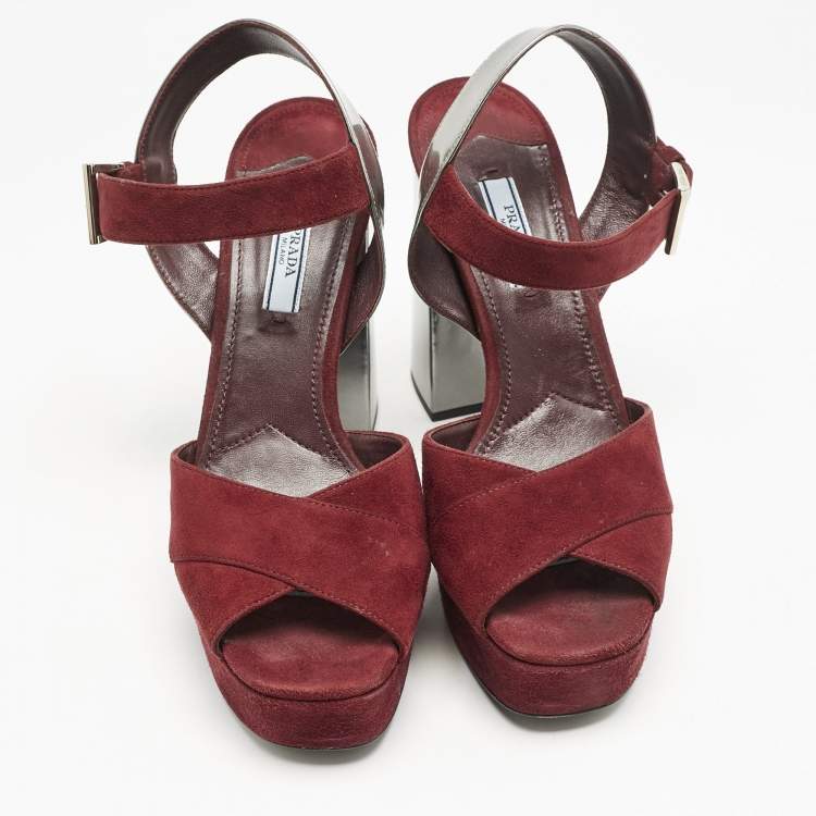 Pre Owned Prada Burgundy/Silver Leather and Suede Ankle Strap Sandals Size 38.5