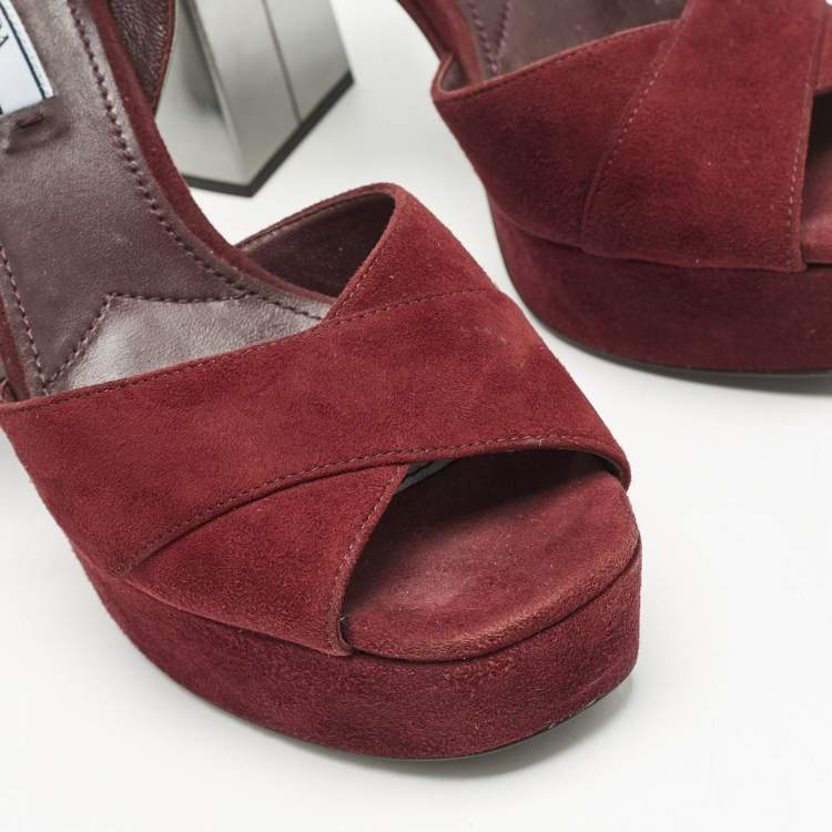 Pre Owned Prada Burgundy/Silver Leather and Suede Ankle Strap Sandals Size 38.5