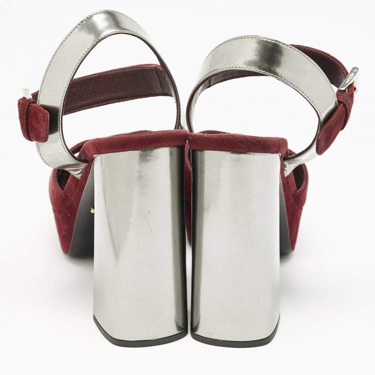 Pre Owned Prada Burgundy/Silver Leather and Suede Ankle Strap Sandals Size 38.5