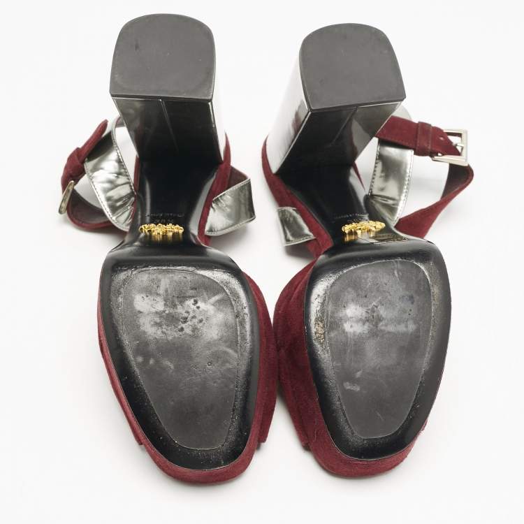 Pre Owned Prada Burgundy/Silver Leather and Suede Ankle Strap Sandals Size 38.5