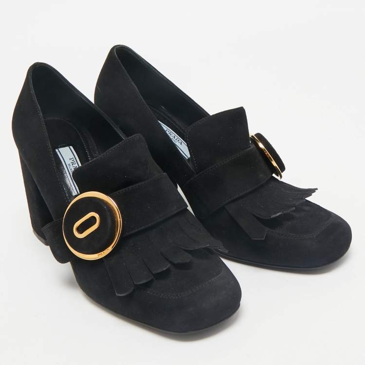 Pre Owned Prada Black Suede Fringe Pumps Size 38.5
