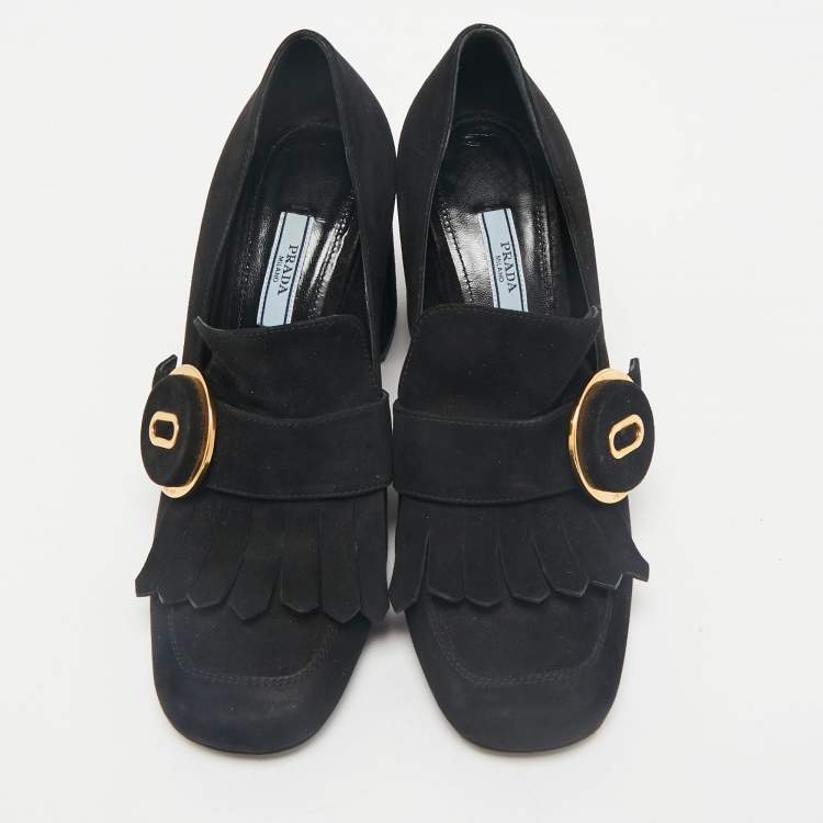 Pre Owned Prada Black Suede Fringe Pumps Size 38.5