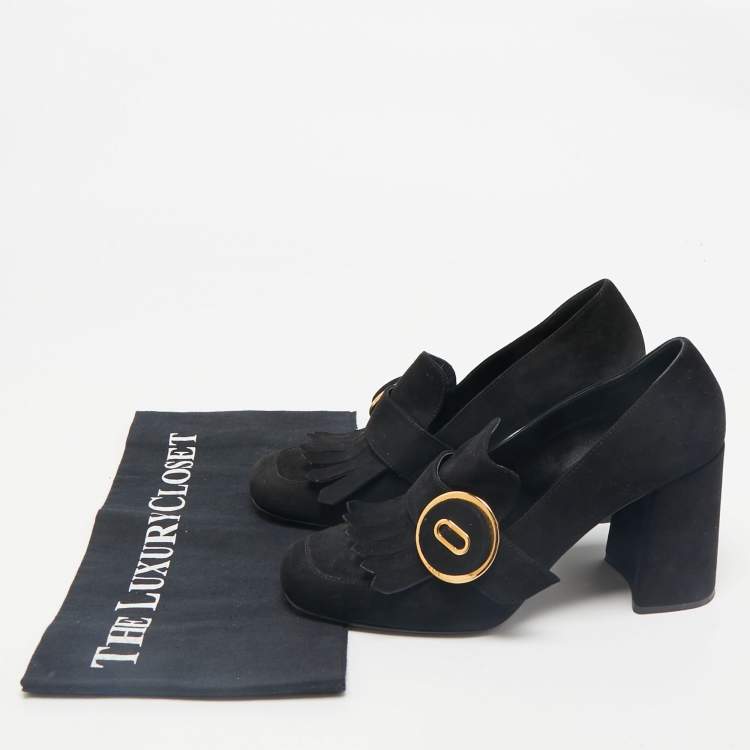 Pre Owned Prada Black Suede Fringe Pumps Size 38.5