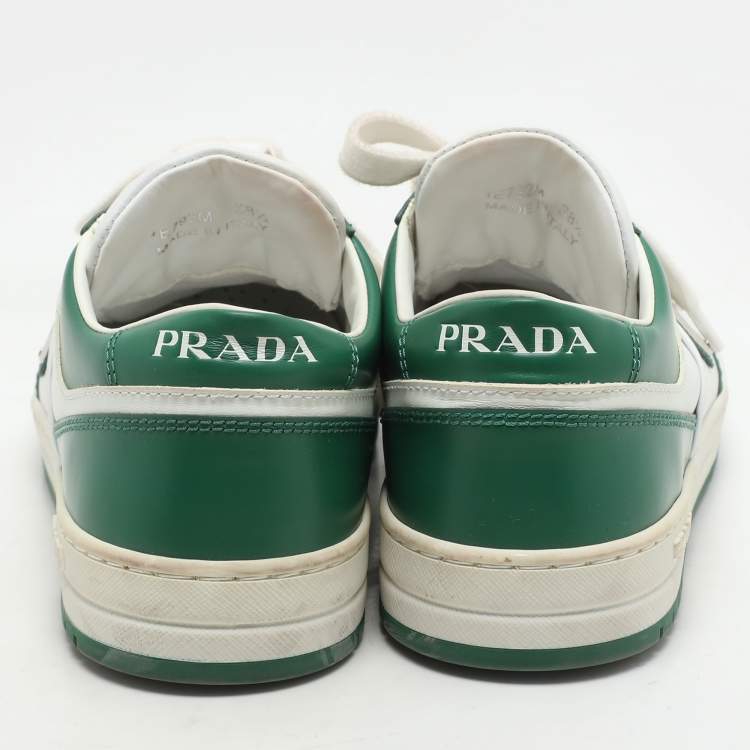 Pre Owned Prada Green/White Leather Downtown Low Top Sneakers  Size 38.5