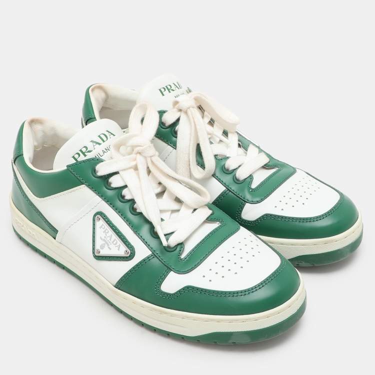 Pre Owned Prada Green/White Leather Downtown Low Top Sneakers  Size 38.5
