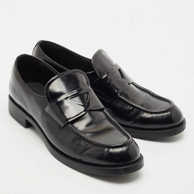 Pre Owned Prada Black Brushed Leather Slip On Loafers Size 37.5