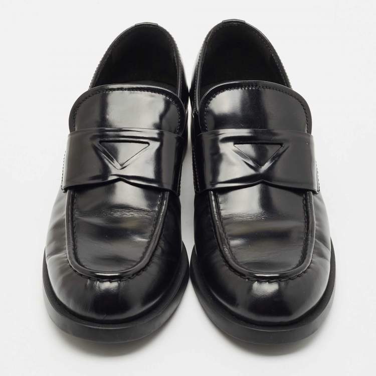 Pre Owned Prada Black Brushed Leather Slip On Loafers Size 37.5